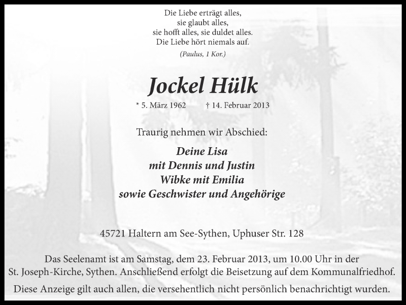  Traueranzeige für Jockel Hülk vom 20.02.2013 aus Ruhr Nachrichten und Halterner Zeitung