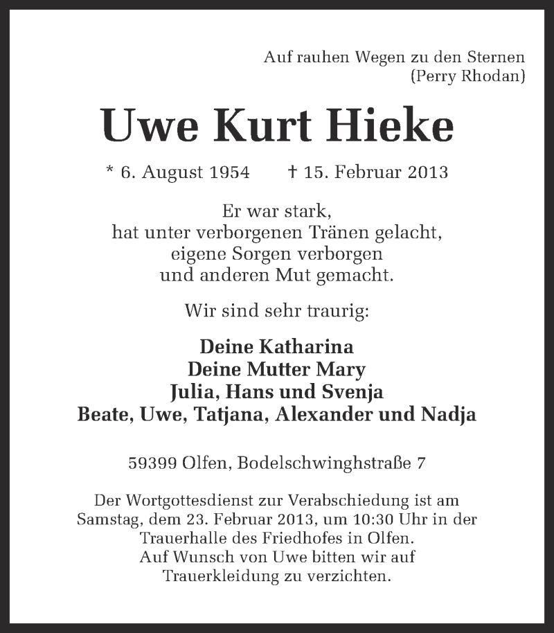  Traueranzeige für Uwe Kurt Hieke vom 21.02.2013 aus Ruhr Nachrichten