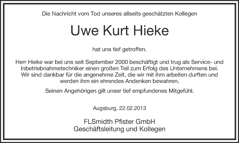  Traueranzeige für Uwe Kurt Hieke vom 22.02.2013 aus Ruhr Nachrichten