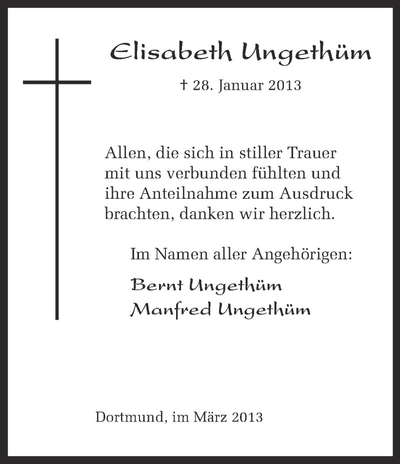  Traueranzeige für Elisabeth Ungethüm vom 06.03.2013 aus Ruhr Nachrichten