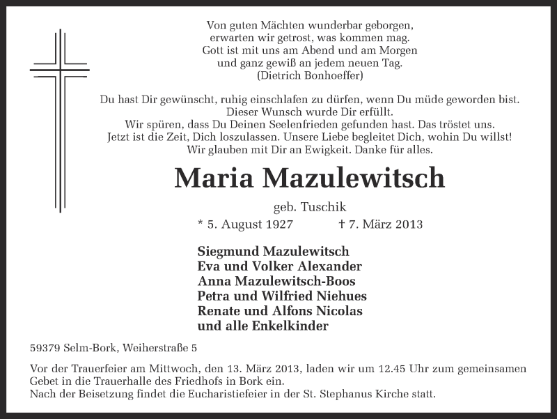  Traueranzeige für Maria Mazulewitsch vom 09.03.2013 aus Ruhr Nachrichten