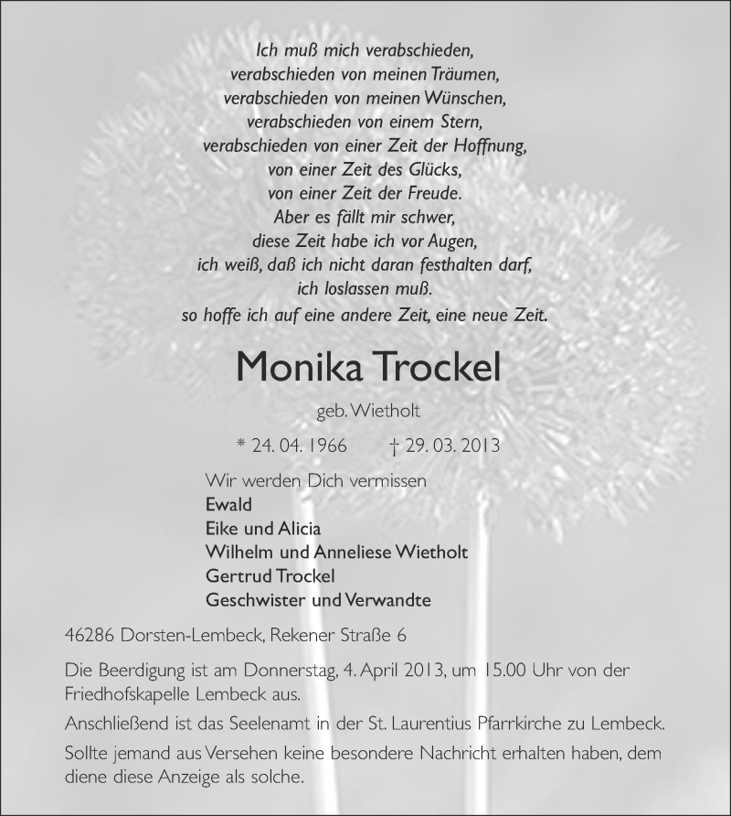  Traueranzeige für Monika Trockel vom 02.04.2013 aus Ruhr Nachrichten und Dorstener Zeitung