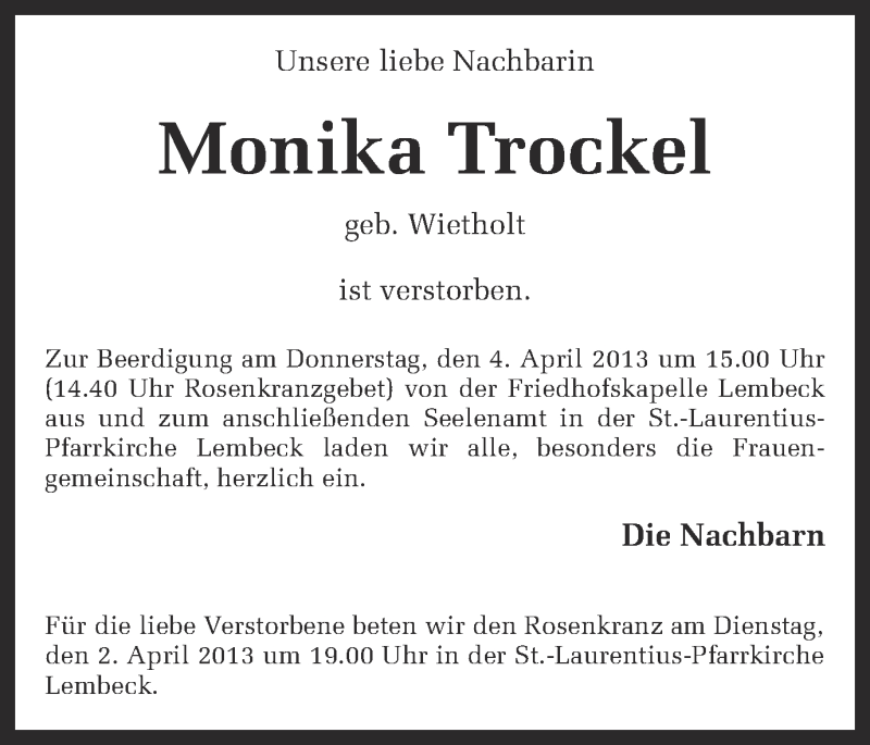  Traueranzeige für Monika Trockel vom 02.04.2013 aus Ruhr Nachrichten und Dorstener Zeitung