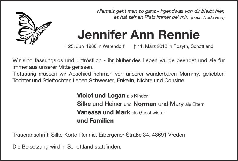  Traueranzeige für Jennifer Ann Rennie vom 03.04.2013 aus Münstersche Zeitung und Münsterland Zeitung