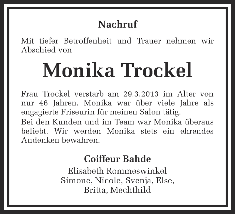  Traueranzeige für Monika Trockel vom 06.04.2013 aus Ruhr Nachrichten und Dorstener Zeitung