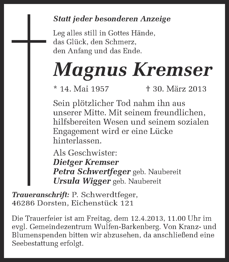  Traueranzeige für Magnus Kremser vom 09.04.2013 aus Ruhr Nachrichten und Dorstener Zeitung