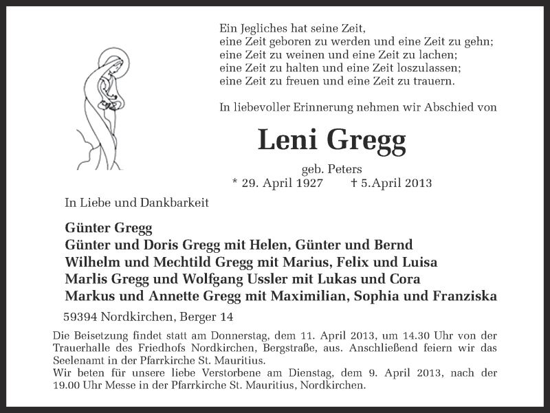  Traueranzeige für Leni Gregg vom 09.04.2013 aus Ruhr Nachrichten