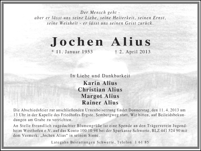  Traueranzeige für Jochen Alius vom 09.04.2013 aus Ruhr Nachrichten