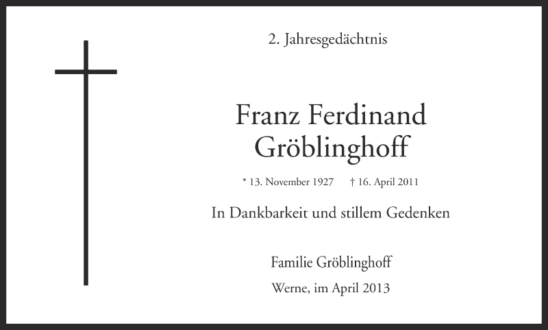  Traueranzeige für Franz Ferdinand Gröblinghoff vom 16.04.2013 aus Ruhr Nachrichten