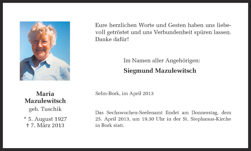  Traueranzeige für Maria Mazulewitsch vom 13.04.2013 aus Ruhr Nachrichten