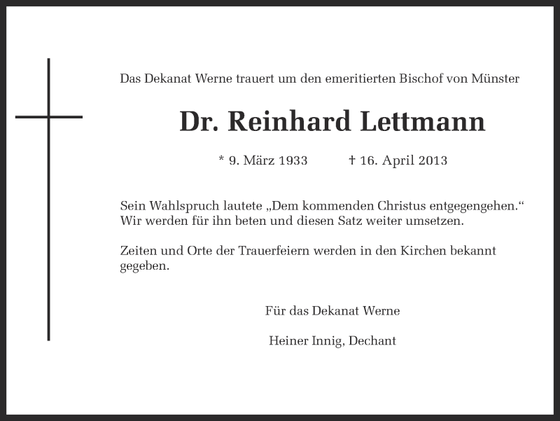 Traueranzeige für Reinhard Lettmann vom 17.04.2013 aus Ruhr Nachrichten