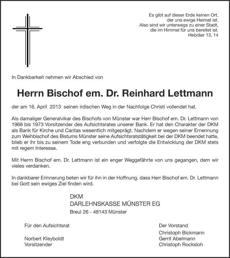  Traueranzeige für Reinhard Lettmann vom 20.04.2013 aus 