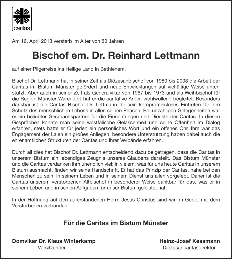  Traueranzeige für Reinhard Lettmann vom 20.04.2013 aus 