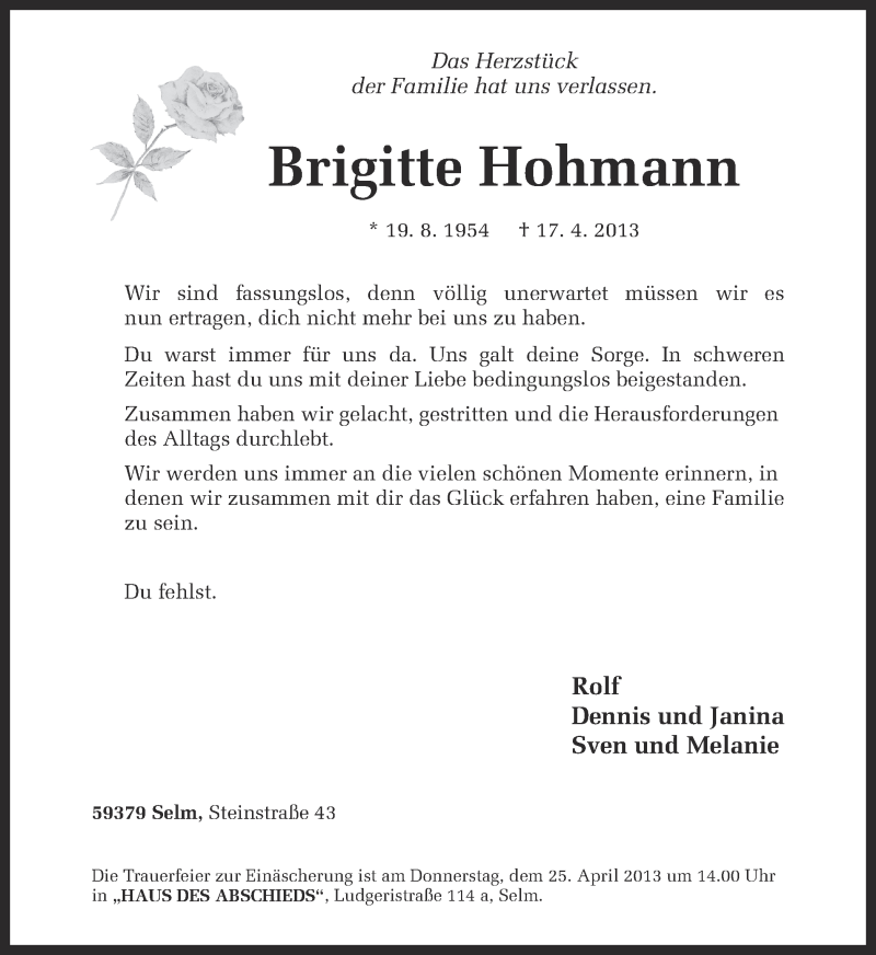  Traueranzeige für Brigitte Hohmann vom 22.04.2013 aus Ruhr Nachrichten
