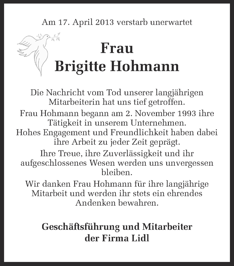  Traueranzeige für Brigitte Hohmann vom 25.04.2013 aus Ruhr Nachrichten