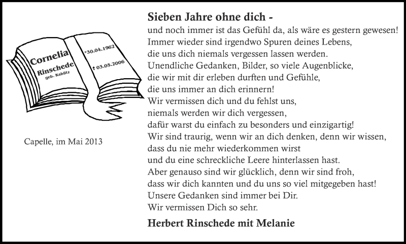  Traueranzeige für Cornelia Rinschede vom 03.05.2013 aus Ruhr Nachrichten
