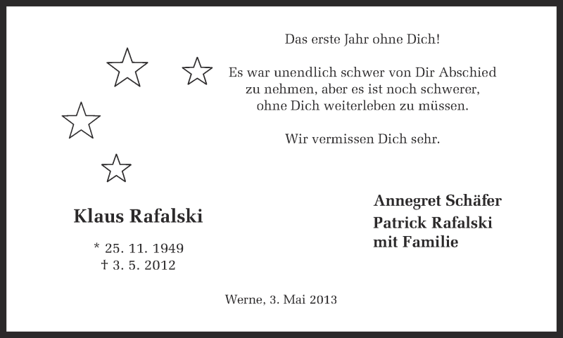 Traueranzeige für Klaus Rafalski vom 03.05.2013 aus Ruhr Nachrichten
