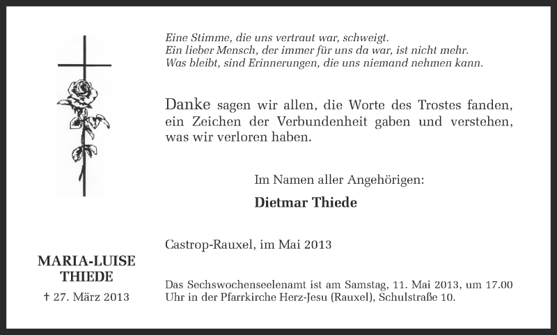  Traueranzeige für Maria-Luise Thiede vom 11.05.2013 aus Ruhr Nachrichten