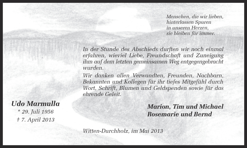  Traueranzeige für Udo Marmulla vom 18.05.2013 aus Ruhr Nachrichten