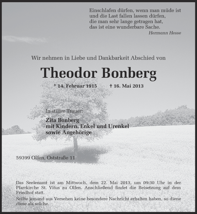  Traueranzeige für Theodor Bonberg vom 17.05.2013 aus Ruhr Nachrichten
