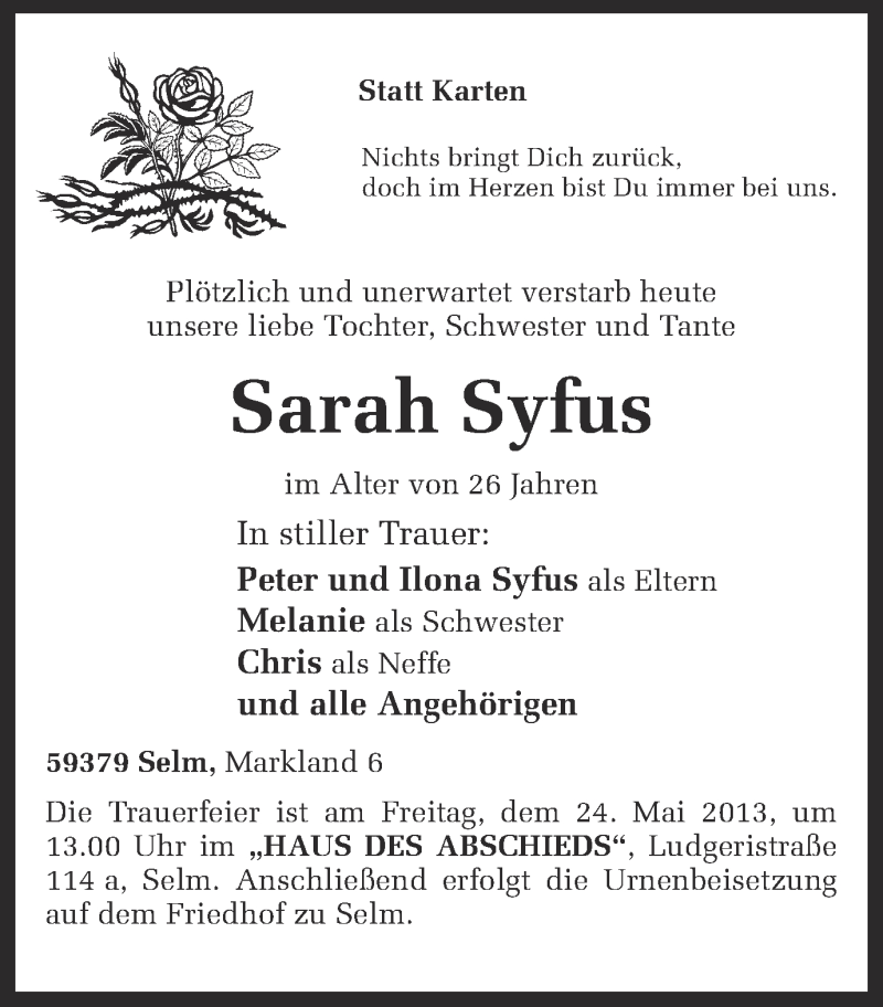  Traueranzeige für Sarah Syfus vom 21.05.2013 aus Ruhr Nachrichten