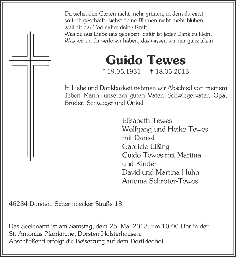  Traueranzeige für Guido Tewes vom 22.05.2013 aus Ruhr Nachrichten und Dorstener Zeitung