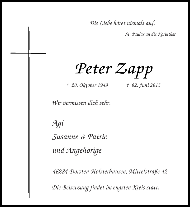  Traueranzeige für Peter Zapp vom 05.06.2013 aus Ruhr Nachrichten und Dorstener Zeitung