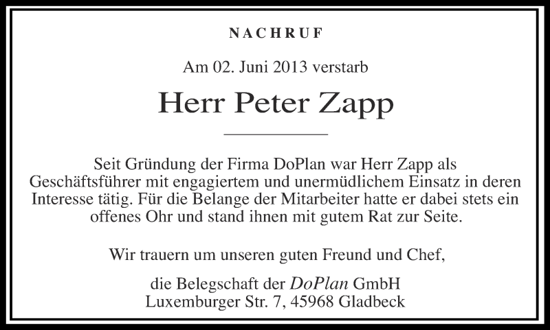  Traueranzeige für Peter Zapp vom 14.06.2013 aus Ruhr Nachrichten und Dorstener Zeitung
