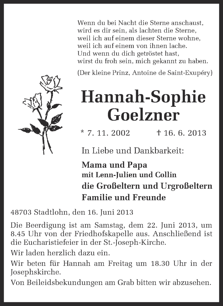  Traueranzeige für Hannah-Sophie Goelzner vom 19.06.2013 aus Münstersche Zeitung und Münsterland Zeitung