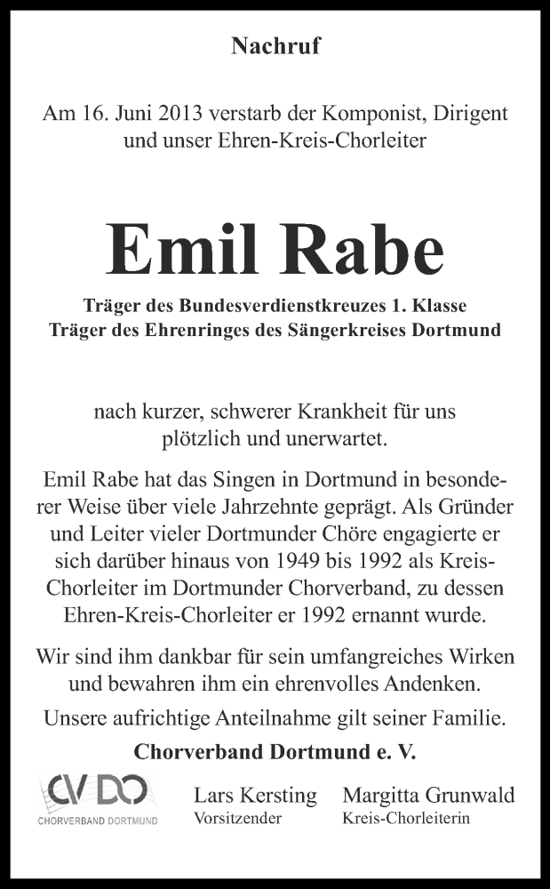  Traueranzeige für Emil Rabe vom 20.06.2013 aus Ruhr Nachrichten