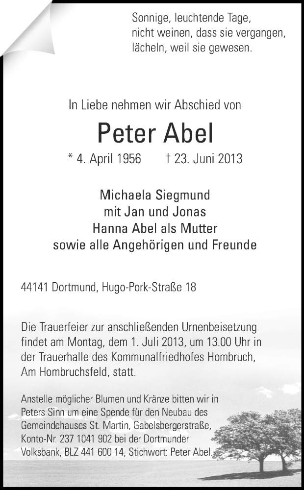 Traueranzeige für Peter Abel vom 28.06.2013 aus Ruhr Nachrichten