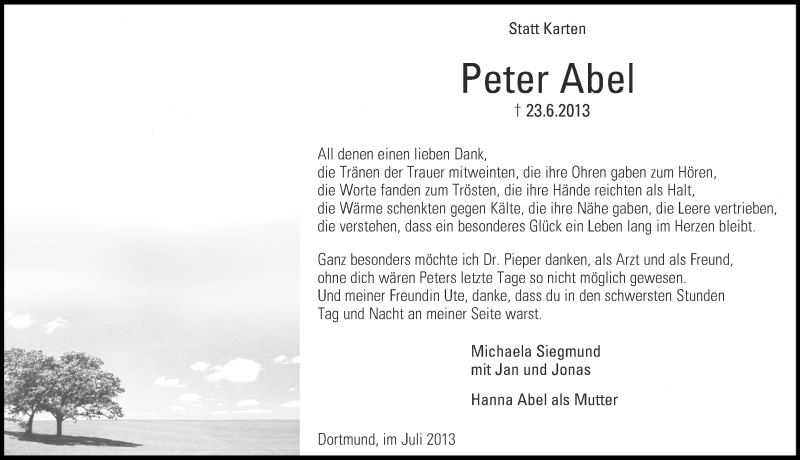  Traueranzeige für Peter Abel vom 20.07.2013 aus Ruhr Nachrichten