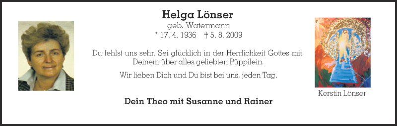  Traueranzeige für Helga Lönser vom 05.08.2013 aus Ruhr Nachrichten