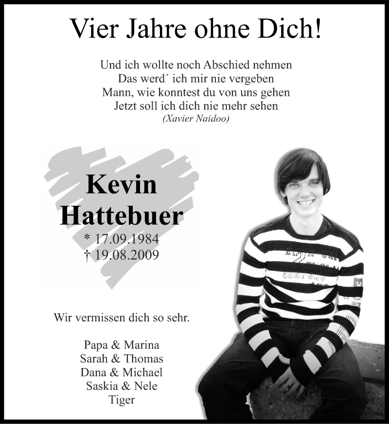  Traueranzeige für Kevin Hattebuer vom 19.08.2013 aus Ruhr Nachrichten