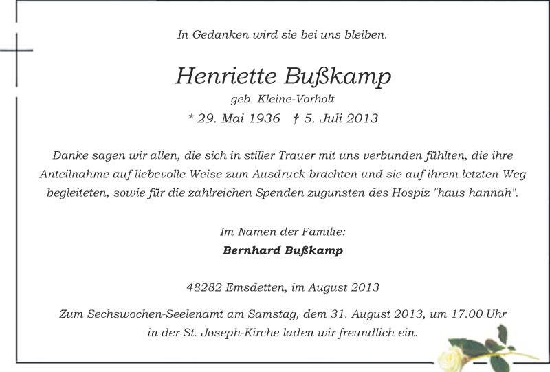  Traueranzeige für Henriette Bußkamp vom 28.08.2013 aus 