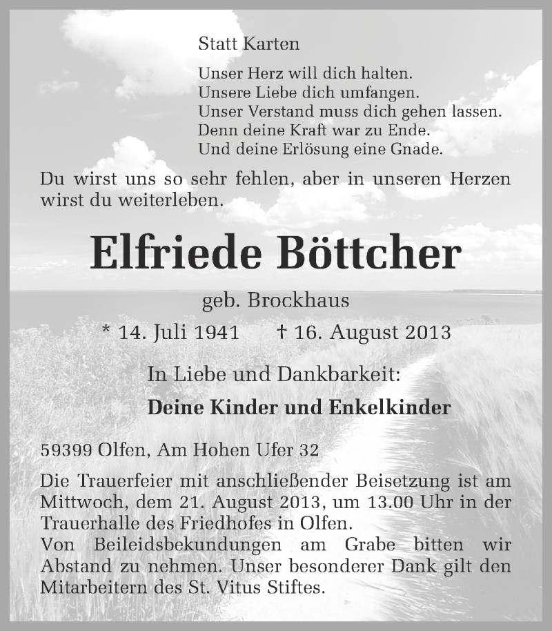  Traueranzeige für Elfriede Böttcher vom 19.08.2013 aus Ruhr Nachrichten