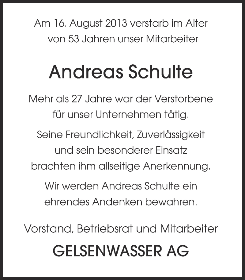  Traueranzeige für Andreas Schulte vom 24.08.2013 aus Ruhr Nachrichten und Halterner Zeitung
