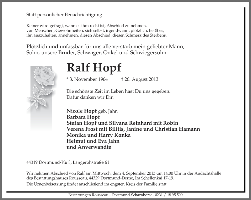  Traueranzeige für Ralf Hopf vom 29.08.2013 aus Ruhr Nachrichten