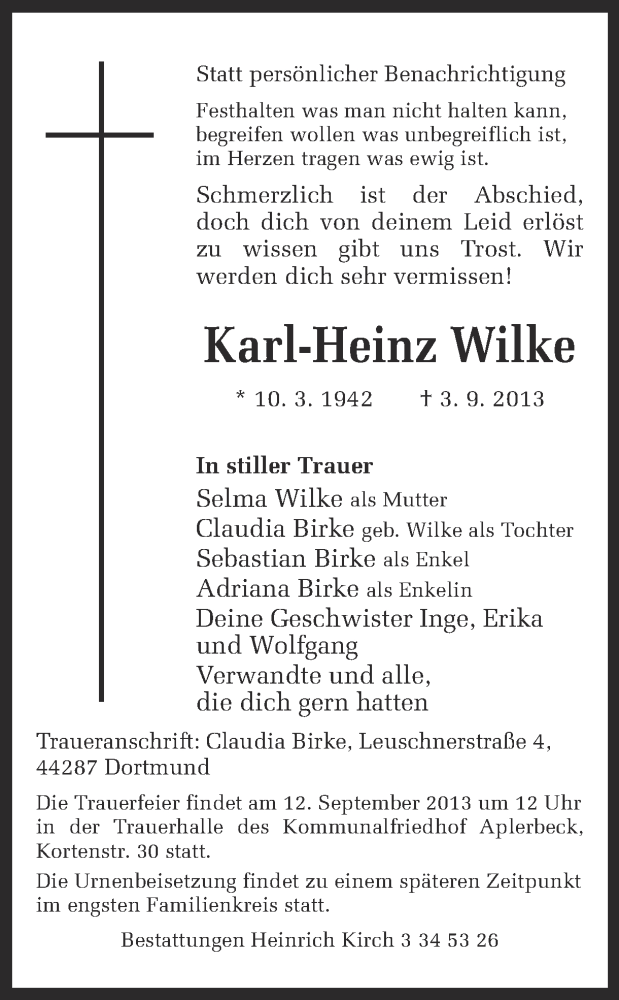  Traueranzeige für Karl-Heinz Wilke vom 07.09.2013 aus Ruhr Nachrichten
