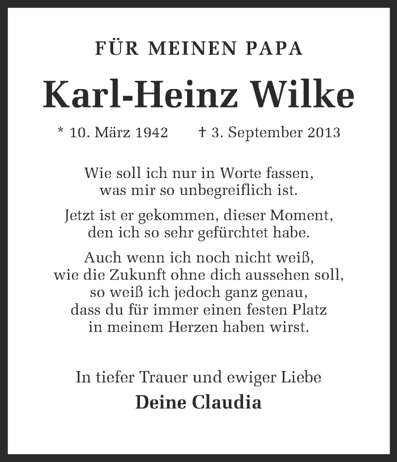  Traueranzeige für Karl-Heinz Wilke vom 07.09.2013 aus Ruhr Nachrichten