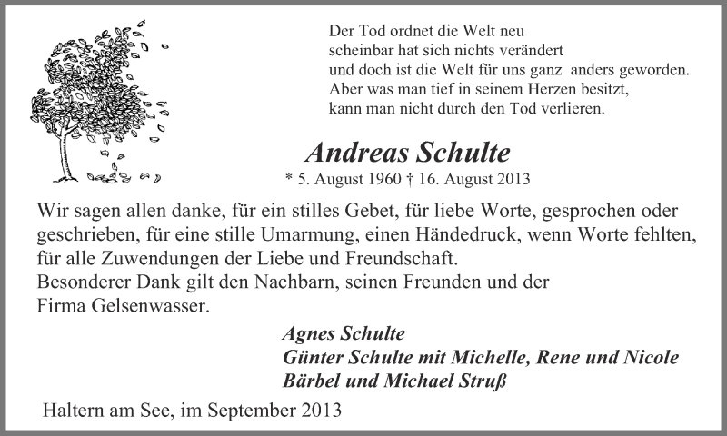  Traueranzeige für Andreas Schulte vom 14.09.2013 aus Ruhr Nachrichten und Halterner Zeitung