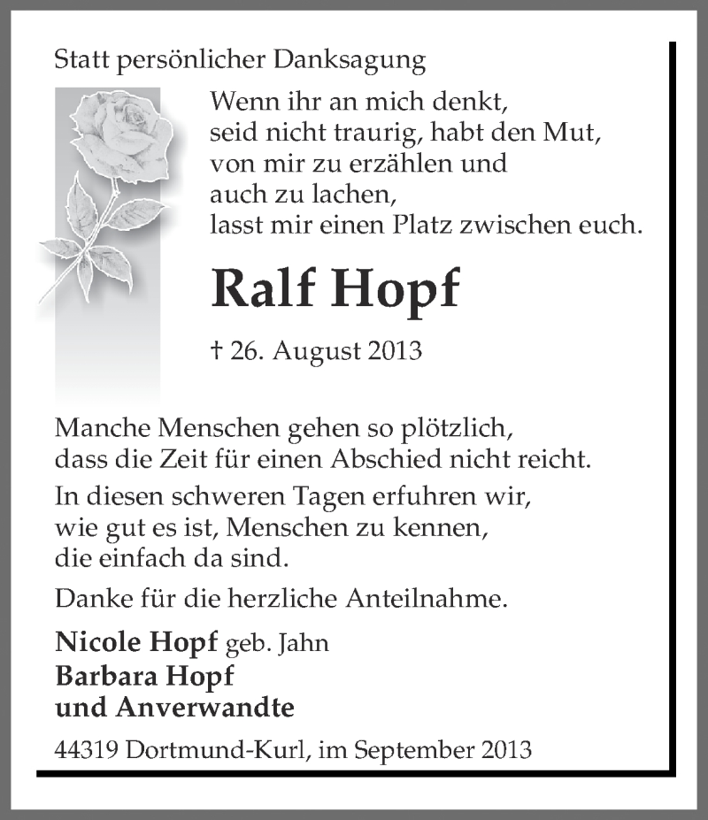  Traueranzeige für Ralf Hopf vom 19.09.2013 aus Ruhr Nachrichten