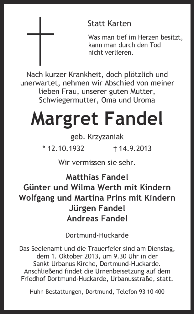  Traueranzeige für Margret Fandel vom 21.09.2013 aus Ruhr Nachrichten