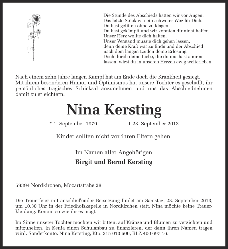  Traueranzeige für Nina Kersting vom 26.09.2013 aus Ruhr Nachrichten
