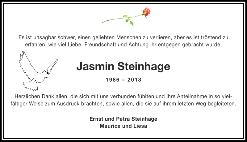  Traueranzeige für Jasmin Steinhage vom 25.01.2014 aus Ruhr Nachrichten