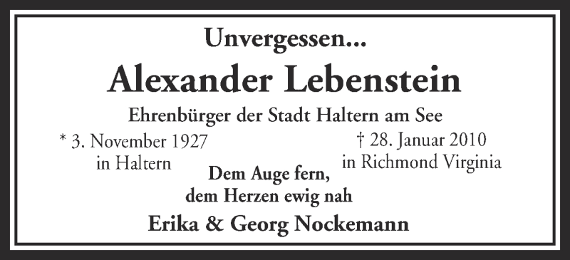 Traueranzeige für Alexander Lebenstein vom 28.01.2014 aus Ruhr Nachrichten und Halterner Zeitung