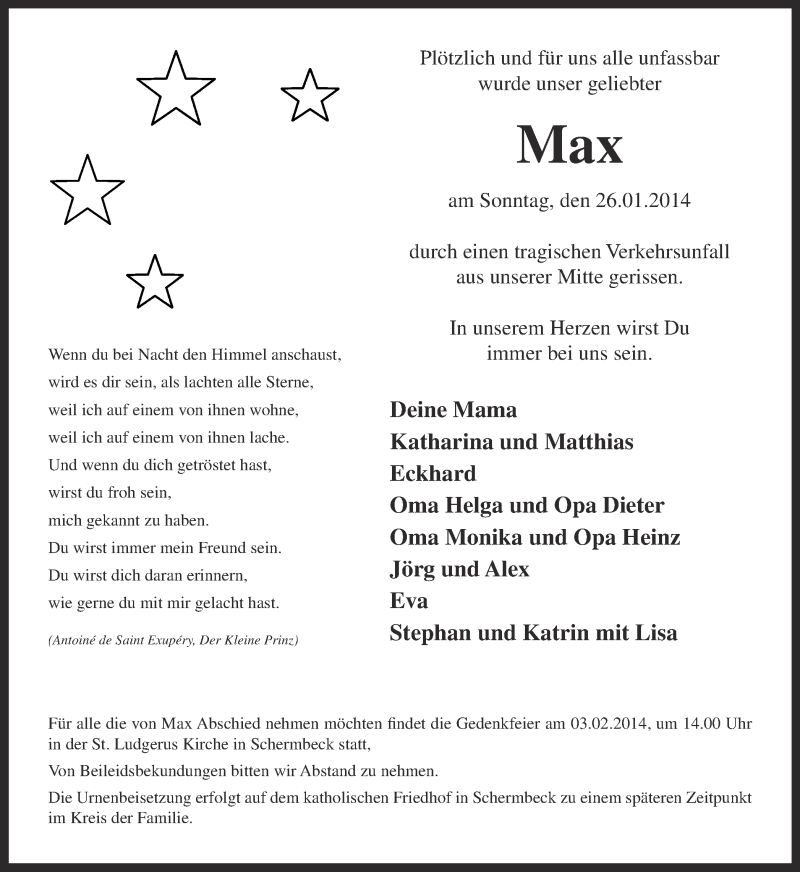  Traueranzeige für Max Geling vom 30.01.2014 aus Ruhr Nachrichten und Dorstener Zeitung