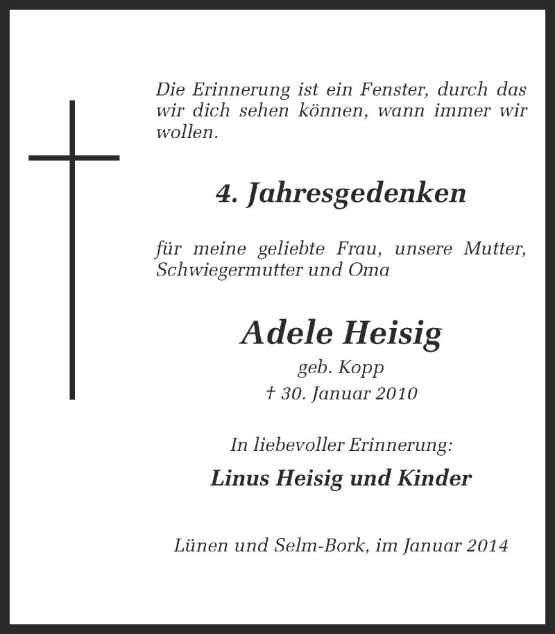  Traueranzeige für Adele Heisig vom 30.01.2014 aus Ruhr Nachrichten