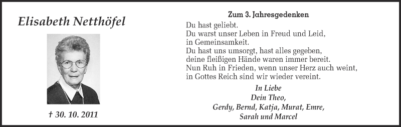 Traueranzeige für Elisabeth Netthöfel vom 30.10.2014 aus Ruhr Nachrichten