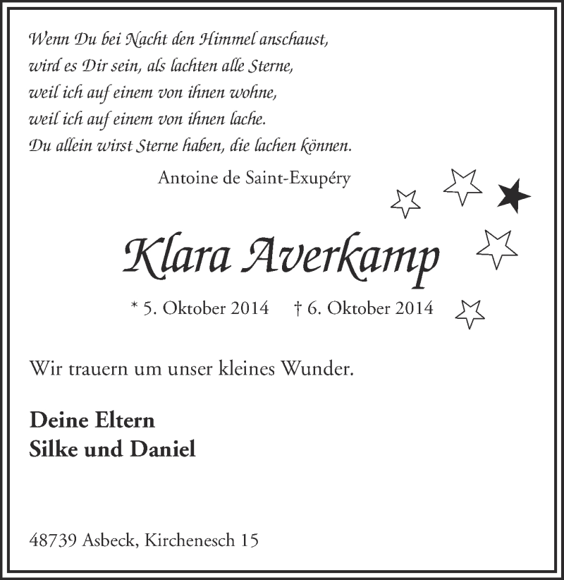  Traueranzeige für Klara Averkamp vom 13.10.2014 aus Münstersche Zeitung und Münsterland Zeitung